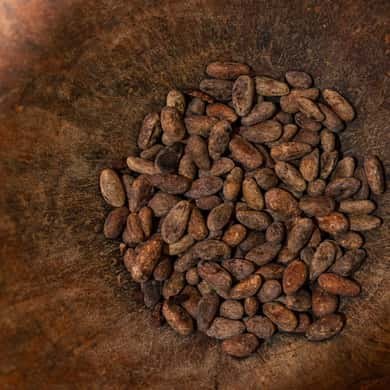 A heap of dried, fermented cacao beans on a wooden board